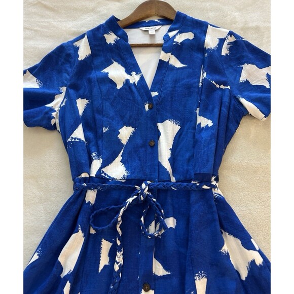 9 West Dress Large Linen Blend Button Front Blue White Resort Coastal Vacation - Picture 4 of 14